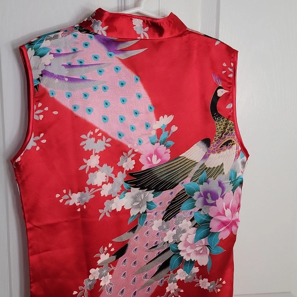 Wudiemi Chinese Peacock Sleeveless Dress Mandarin Collar Red Pink Size 8/10